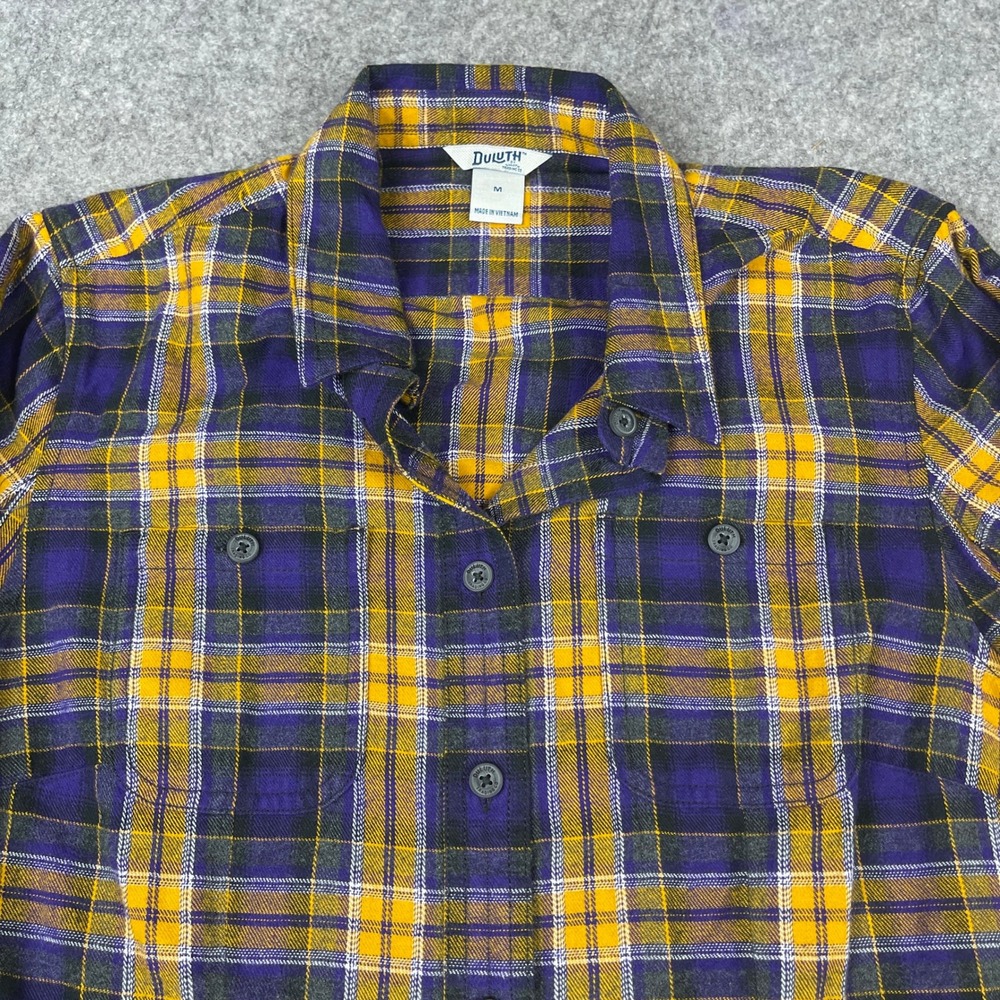 Duluth Trading Co Flannel Shirt Women M Purple Yellow Plaid Free Swingin Cotton